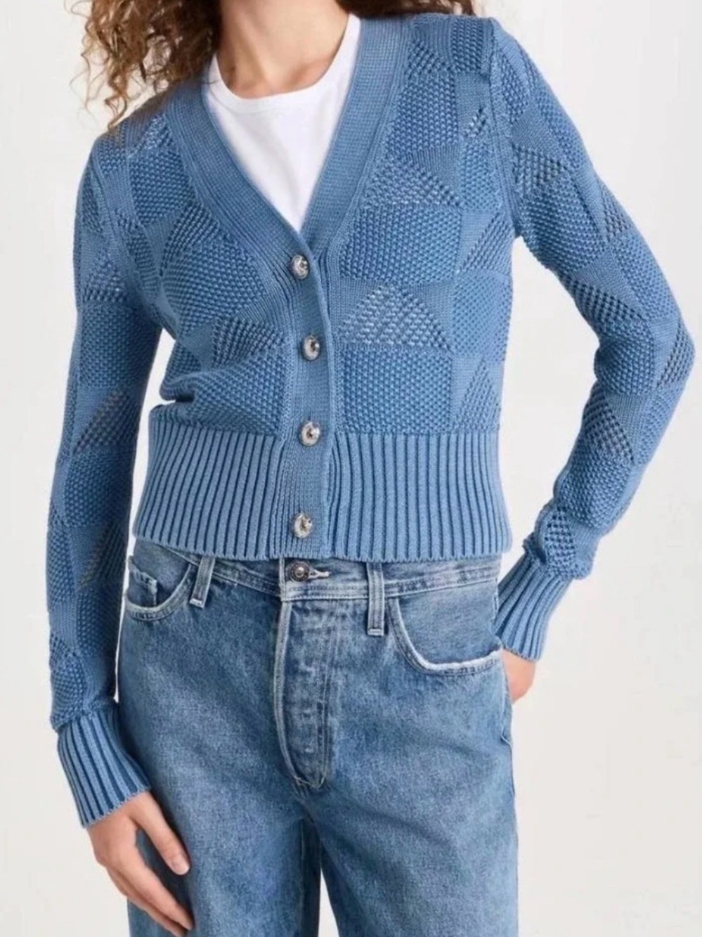 Veronica Beard Sky Blue Textured V‑Neck Button Cardigan
